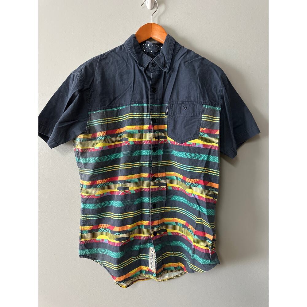 Staple Pigeon Button Up Shirt Men’s Large Tribal Stripe Streetwear Short Sleeve